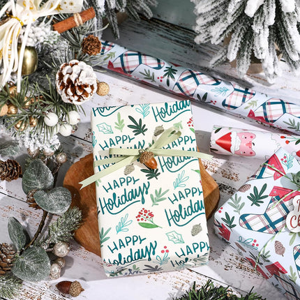 3 Rolls Cute Christmas Wrapping Paper – Pink Santa & Holiday Socks, 17x120 Inch