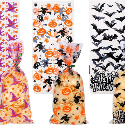 150-Piece Halloween Cellophane Treat Bags with 300 Twist Ties, Bat Pumpkin Witch