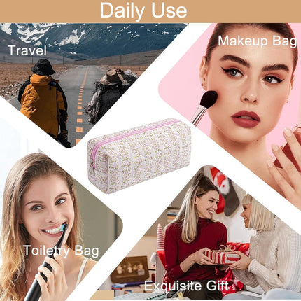 Cute Floral Cotton Makeup Bag – Travel Quilted Cosmetic Pouch, Pink