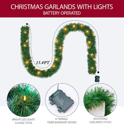 15.4ft Pre-Lit Christmas Garland with 50 LED Lights, Battery Operated, 8 Modes