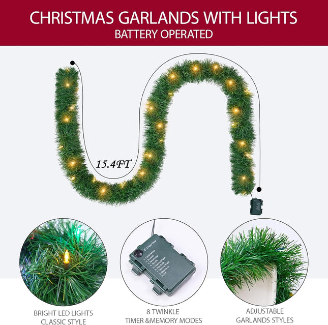 15.4ft Pre-Lit Christmas Garland with 50 LED Lights, Battery Operated, 8 Modes