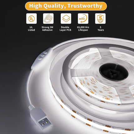 5V USB COB LED Strip Light – 6.56ft, Dimmable 6000K Daylight White with RF Remote