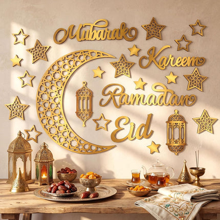 23PCS Ramadan Decorations Eid Mubarak Wooden Moon Star Lantern Wall Decor
