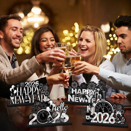 4-Piece NYE Wooden Table Decorations – Black & Silver 2026 Party Centerpieces