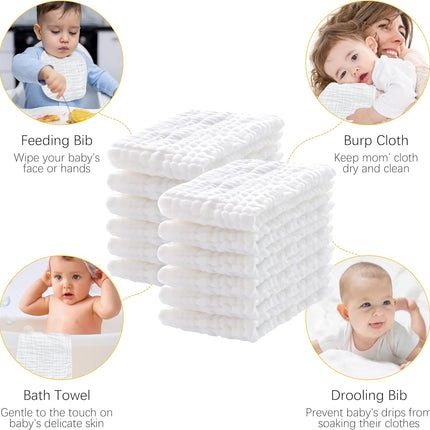 12-Pack Muslin Burp Cloths – 100% Cotton, Large & Absorbent, White