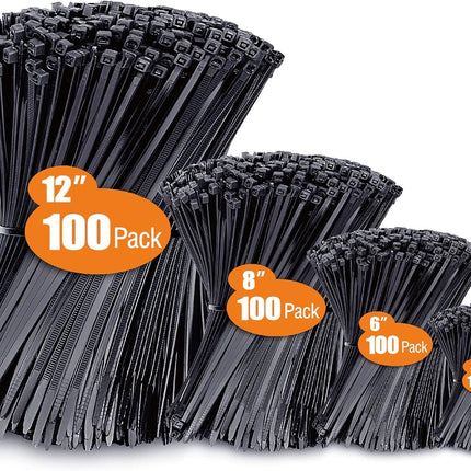 400pcs Black Zip Ties – Assorted Sizes 4", 6", 8", 12", UV Resistant