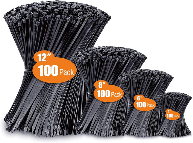 400pcs Black Zip Ties – Assorted Sizes 4", 6", 8", 12", UV Resistant