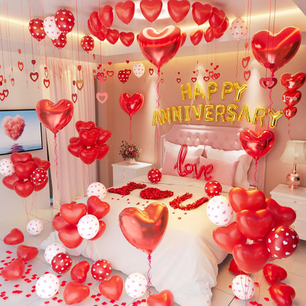 Happy Anniversary Decorations Set with Red Heart Balloons Banner Rose Petals