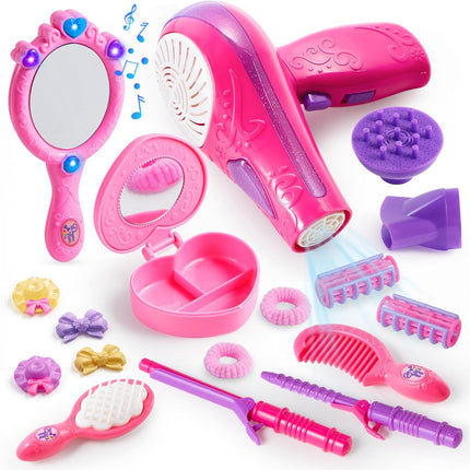 17-Piece Girls Beauty Salon Set – Pretend Play Hair Stylist Kit with Hairdryer & Accessories