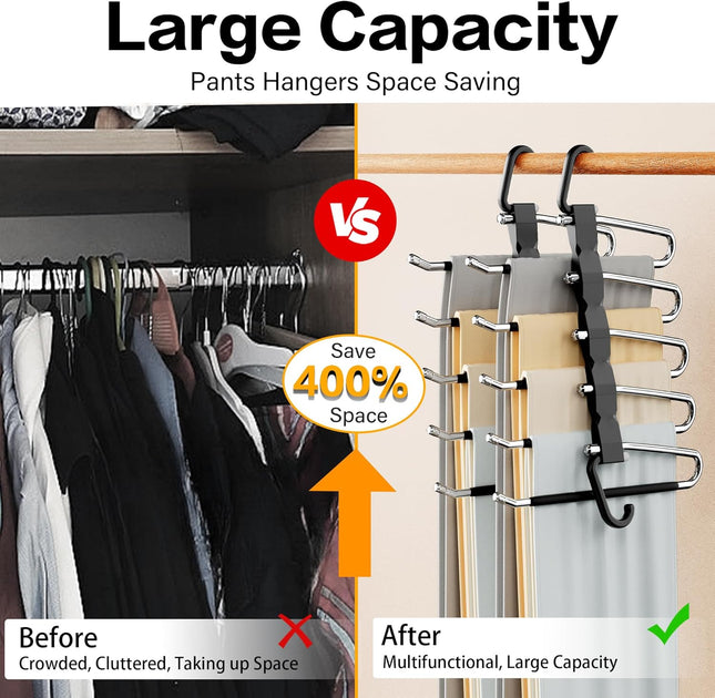2 Pack Space Saving Pants Hangers Stainless Steel Anti Slip Closet Organizer