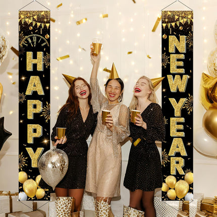 Happy New Year 2025 Party Banner – 2-Pc Door & Porch Decorations