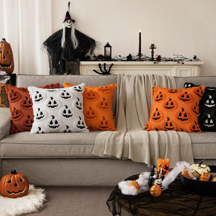 Halloween Pumpkin Throw Pillow Covers 18x18in, Orange Black Ghost Plush Cushion