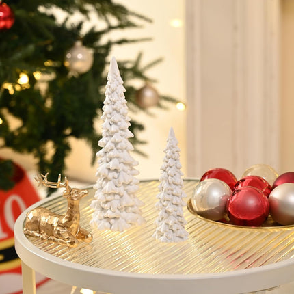2PCS Resin White Christmas Tree Figurines | Mini Tabletop Xmas Decor