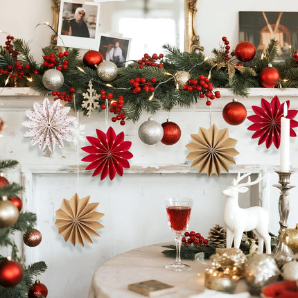 9-Piece Christmas Hanging Decorations, 3D Snowflake Ornaments in White, Red, and Brown