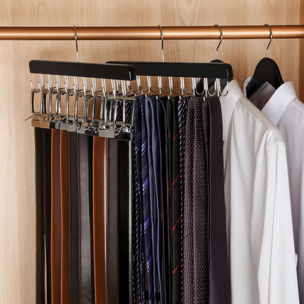 Wooden Belt & Tie Hanger – 2-in-1 Closet Organizer, 20 Hooks, 30 Items