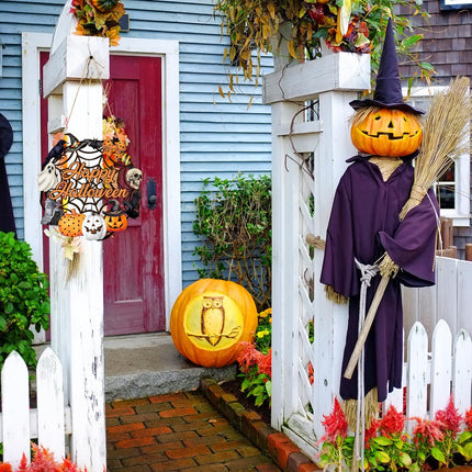 Halloween Wooden Ghost Door Wreath, Pumpkin Black Cat Front Door & Wall Hanging Decor