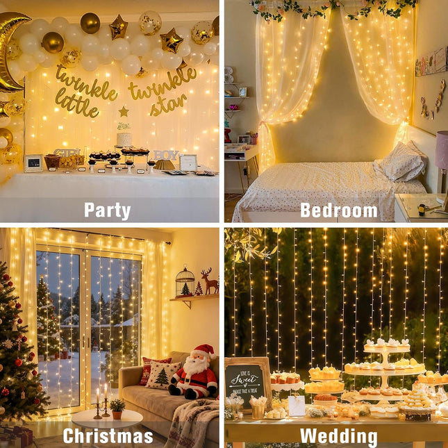 300 LED Curtain String Lights – Warm White, Plug-In with Remote Control