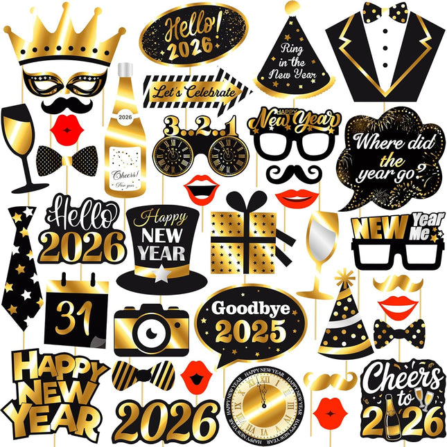 40 PCS Happy New Year 2026 Photo Booth Props Firework Glasses Party Supplies