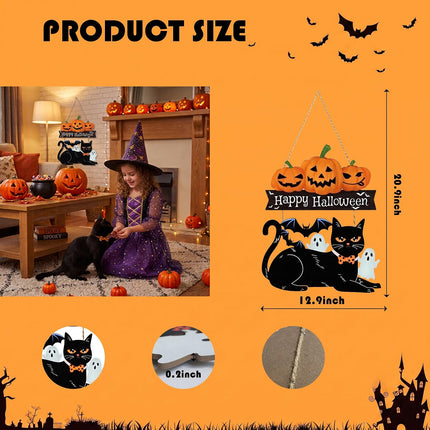 Halloween Ghost Wood Door Sign, Spooky Wreath with Black Cat & Pumpkin Decor