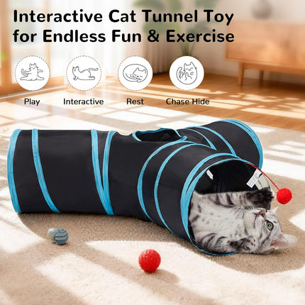 Interactive Cat Tunnel Tube Toy for Indoor Cats with Hanging Ball Black Blue