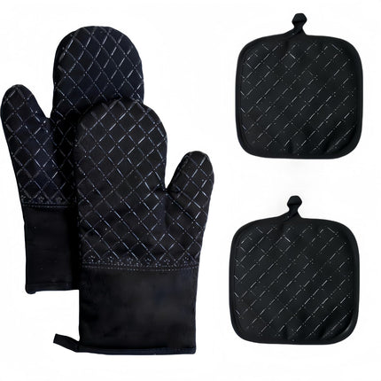 4-Piece Oven Mitts & Pan Rack Set, Heat Resistant 500°F, Silicone Grip, Black