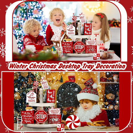 14-Pcs Rustic Christmas Tiered Tray Decorations, Snowman, Santa, and Candy Wood Accents