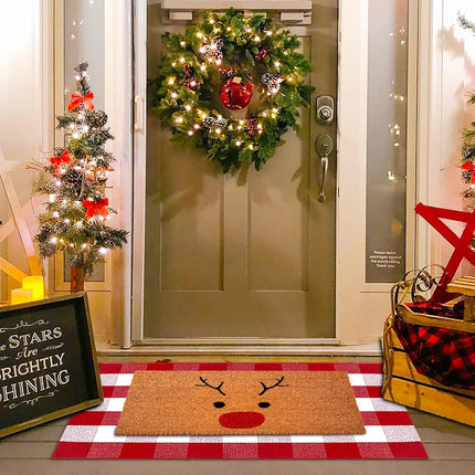 Christmas Door Mat Combo Set: 100% Coco Coir Welcome Mat + Red & White Plaid Rug