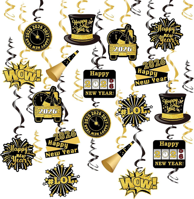 30-Piece Happy New Year 2026 Hanging Swirls – Party Decor with Champagne & Stars