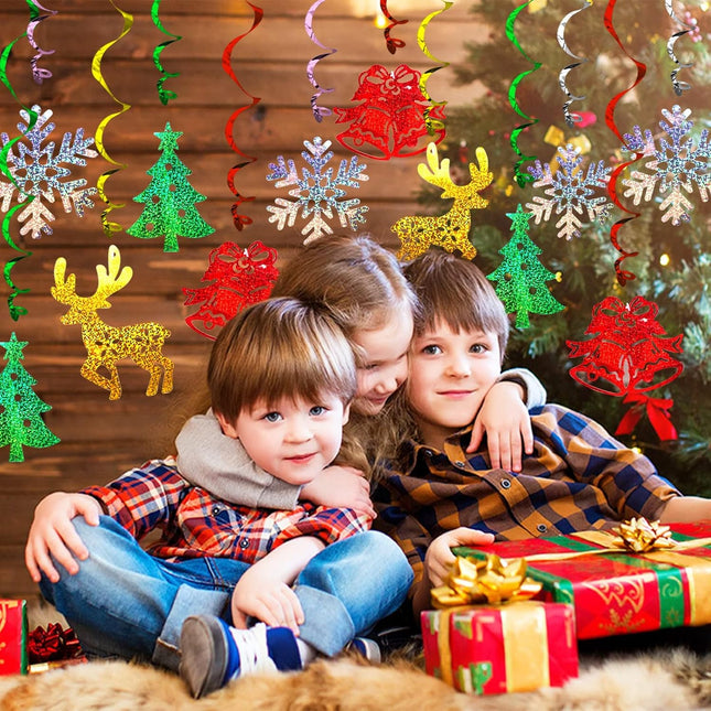 30-Piece Christmas Hanging Swirl Decorations, Merry Christmas Elk and Silver Snowflakes