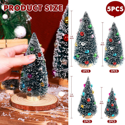 5PCS Mini Artificial Christmas Trees – Snowy Tabletop Bottle Brush Trees, 5 Sizes