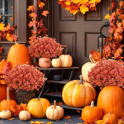 Artificial Fall Mums & Eucalyptus Bundles – UV-Resistant Orange Faux Flowers for Porch & Patio