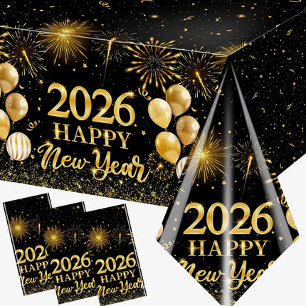 New Year 2026 Tablecloth Black Gold Plastic Party Supplies Home Kitchen