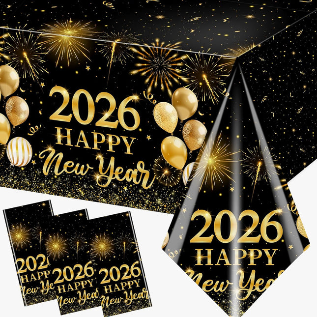 New Year 2026 Tablecloth Black Gold Plastic Party Supplies Home Kitchen