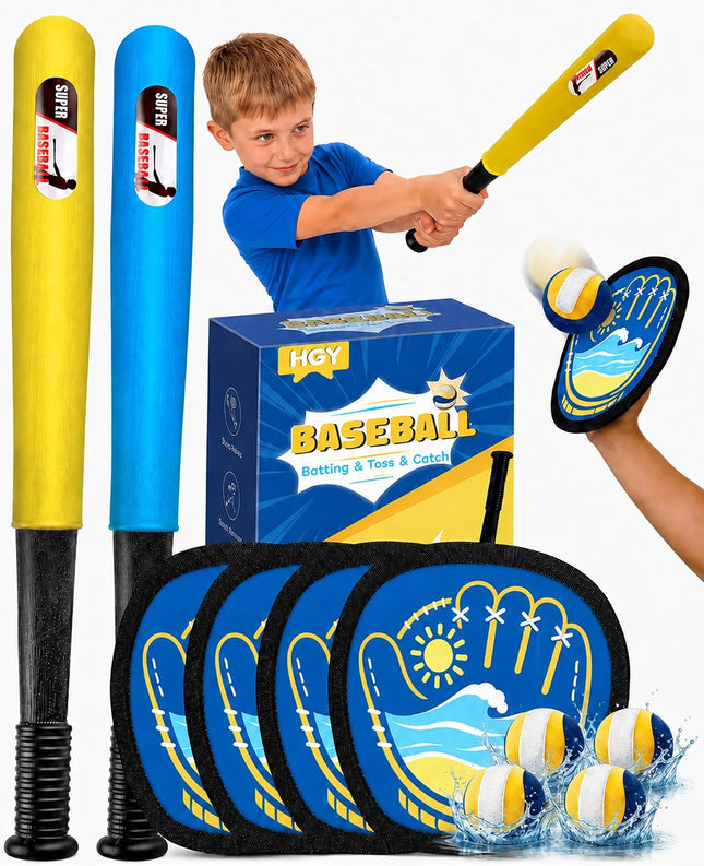 Kids Baseball Toss and Catch Set, 4 Sticky Gloves, 4 Balls, 2 Bats & Carry Bag