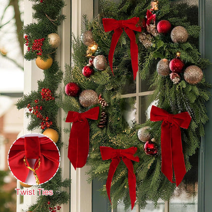 24pcs Red Velvet Christmas Bows – 7x6 inch Medium Burgundy Ribbon Ornaments