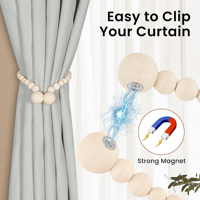 Magnetic Curtain Tiebacks 2-Pack – Wood Bead Holders for Boho & Farmhouse Decor