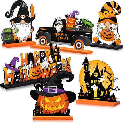 6-Piece Halloween Wooden Table Centerpieces, Pumpkin Gnome Witch Hat Party Decor