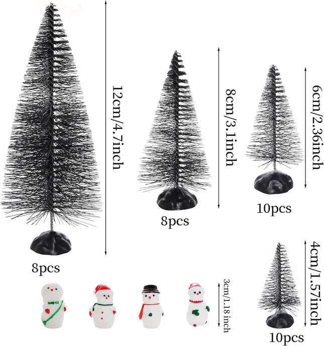 40PCS Mini Christmas Trees | Black Bottle Brush Sisal Pine Trees with Base