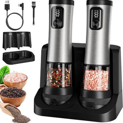 2-Speed Electric Salt & Pepper Grinder Set with LED & USB Charging Base
