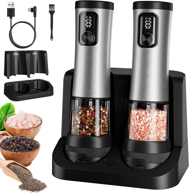 2-Speed Electric Salt & Pepper Grinder Set with LED & USB Charging Base