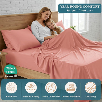 Ultra Soft Brushed Microfiber Twin Bed Sheet Set, Breathable Deep Pocket Rose Dawn