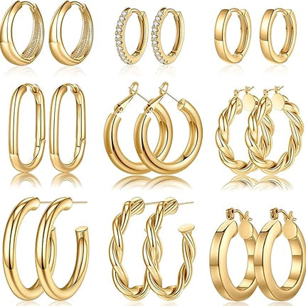 Valentine's Gifts – Yesteel 9 Pairs 14K Gold Plated Chunky Hoop Earrings for Women