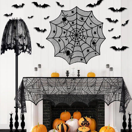 5-Piece Halloween Lace Decor Set, Spiderweb Table Runner, Mantel Scarf & 3D Bats