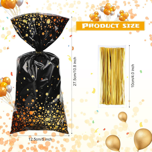 100-Piece Black & Gold Goody Bags – 10.8×5in Party Favor Bags with Ties