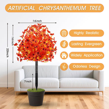 23" Fall Faux Mum Flowers 2pcs, Outdoor UV-Resistant Shrubs for Autumn Decor