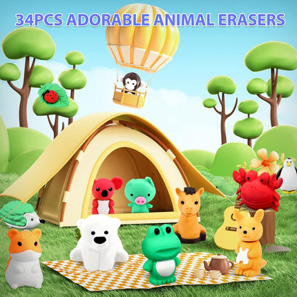 34Pcs Animal Erasers Bulk – Cute 3D Puzzle Erasers for Kids, Party Favors & Gifts