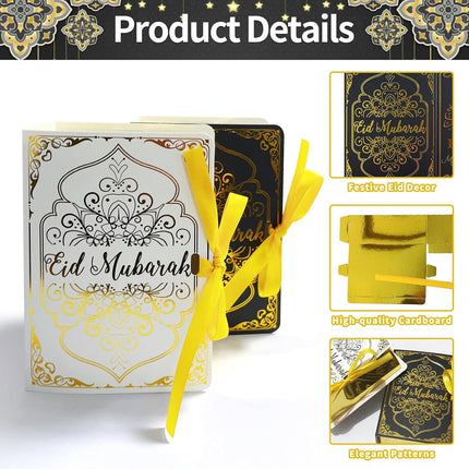 12 Pcs Ramadan Eid Mubarak Favor Boxes – Square Candy Boxes with Golden Ribbon