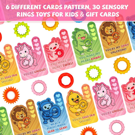 30 Pack Valentine’s Day Cards for Kids with Fidget Sensory Rings & Toys