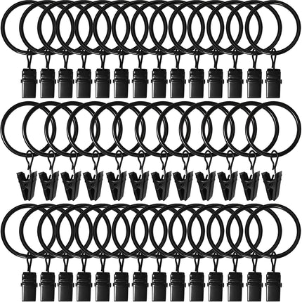 40-Pack Curtain Rings with Clips – 1.26" Inner Diameter, Fits 1" Rod, Black