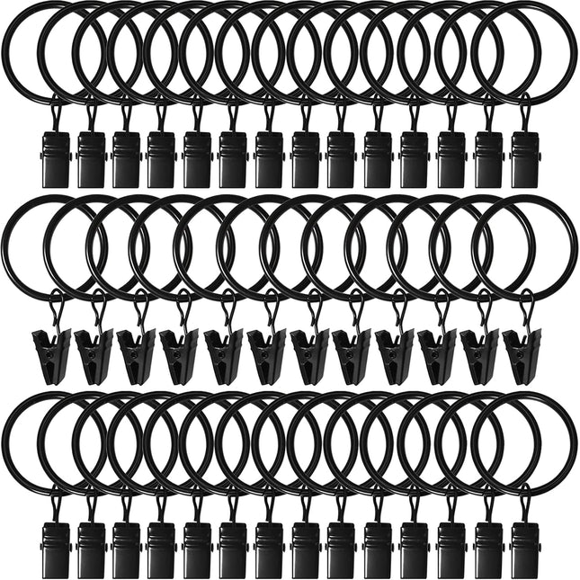40-Pack Curtain Rings with Clips – 1.26" Inner Diameter, Fits 1" Rod, Black